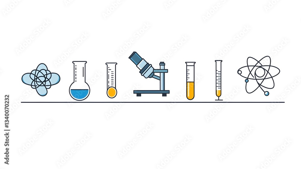 Poster an arrangement of six iconic scientific equipment and symbols including a microscope atom diagram an