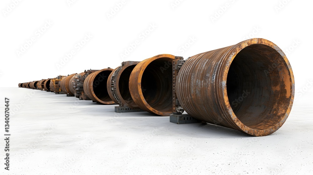 Poster An arrangement of steel pipes and tubing components carefully assembled to form a complex pipeline system against a clean minimalist white backdrop