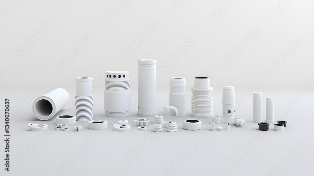 Aufkleber an arrangement of various white plastic pipes connectors and fittings displayed against a clean mini