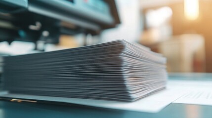 A large stack of printed papers lies on a table ready