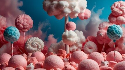 A candyland-inspired background with floating lollipops and cotton candy clouds