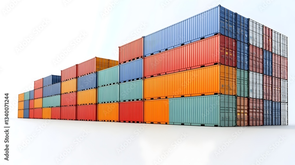 Poster an depiction of stacked shipping containers in various vibrant colors against a clean white backdrop