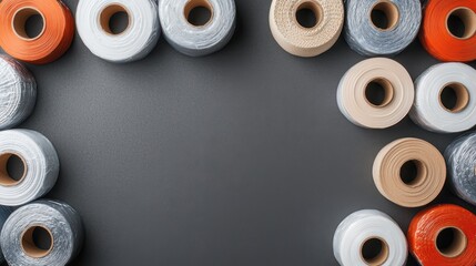 Colorful spools of thread arranged on a dark surface