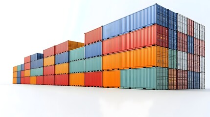 Fototapeta premium An depiction of stacked shipping containers in various vibrant colors against a clean white backdrop symbolizing global trade logistics and transportation