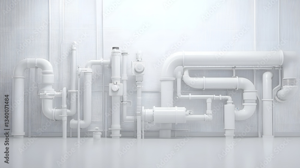 Poster an intricate and organized system of white plastic and metal water drainage pipes valves and connect