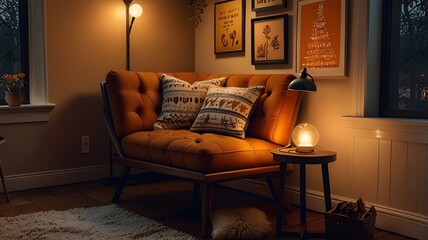 A cozy 70s-inspired reading nook with warm lighting and retro books