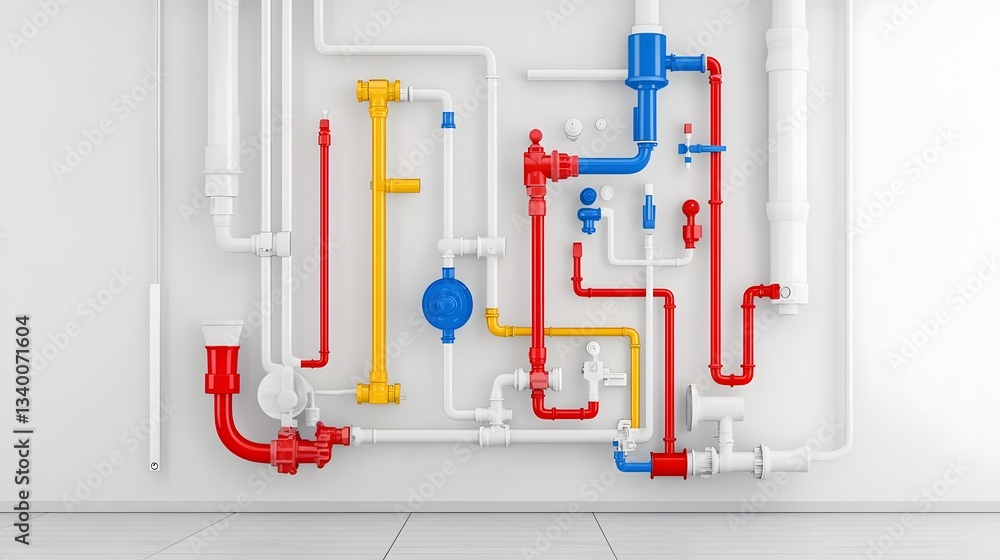 Poster an intricate network of multi colored pipes valves and fittings showcasing the inner workings of a c