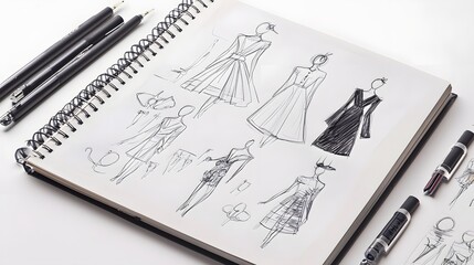 An open sketchbook filled with a variety of detailed fashion sketches showcasing imaginative and innovative clothing designs