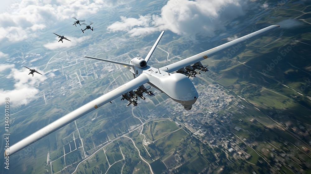Aufkleber an overhead view of multiple futuristic drones or unmanned aerial vehicles flying through a cloudy s