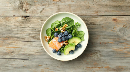 vibrant and healthy salad featuring fresh spinach, avocado slices, blueberries, walnuts, and salmon, perfect for nutritious meal