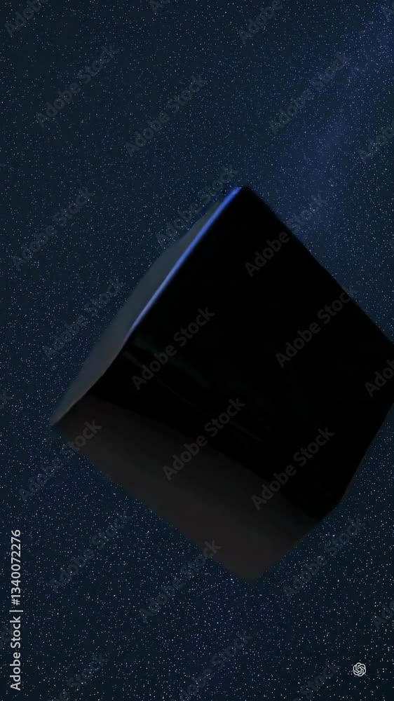 Poster mysterious floating cube with colorful reflection against starry backdrop