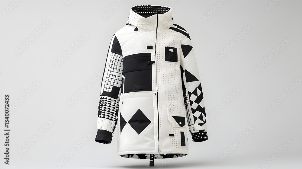 Poster Avant garde fashion design featuring a jacket or coat with striking geometric patterns and contrasting textures in a minimalist black and white color scheme