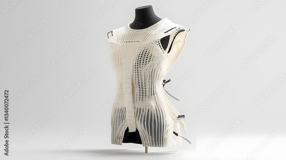 Poster avant garde white dress featuring an intricate abstract geometric pattern that evokes a sense of dyn