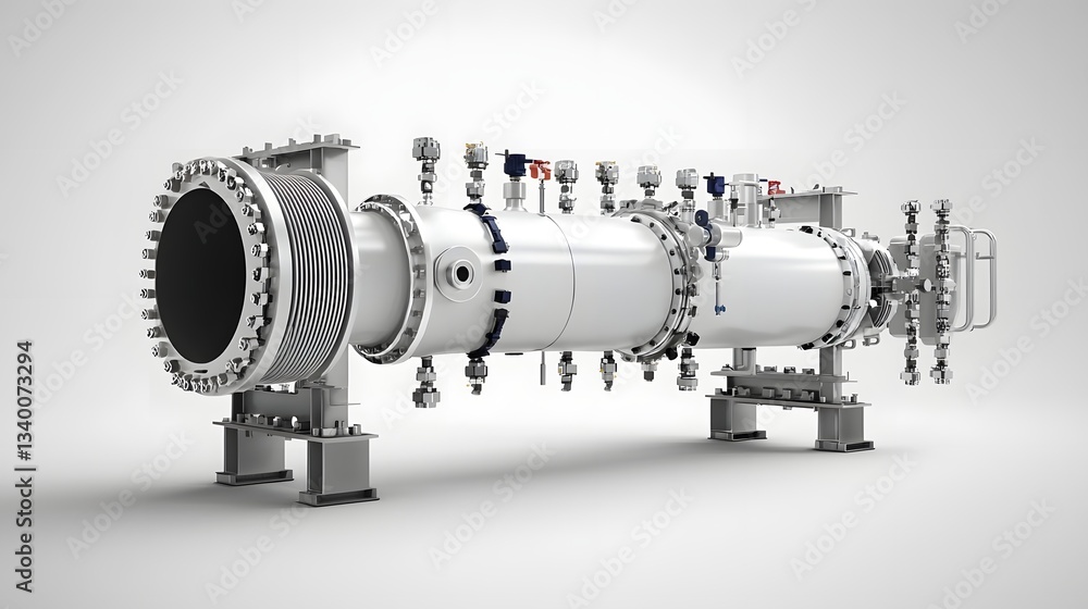 Poster Close up image of a complex industrial heat exchanger system with intricate network of pipes valves and connections on a plain white background