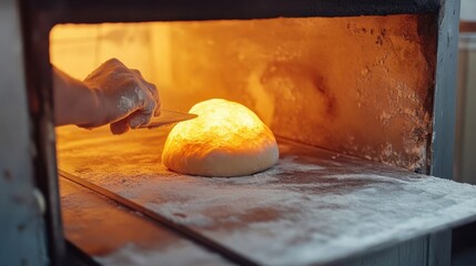 A baker is carefully inspecting a bread loaf inside the oven
