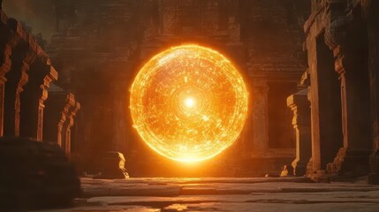 A glowing orb emits light within ancient stone ruins structures