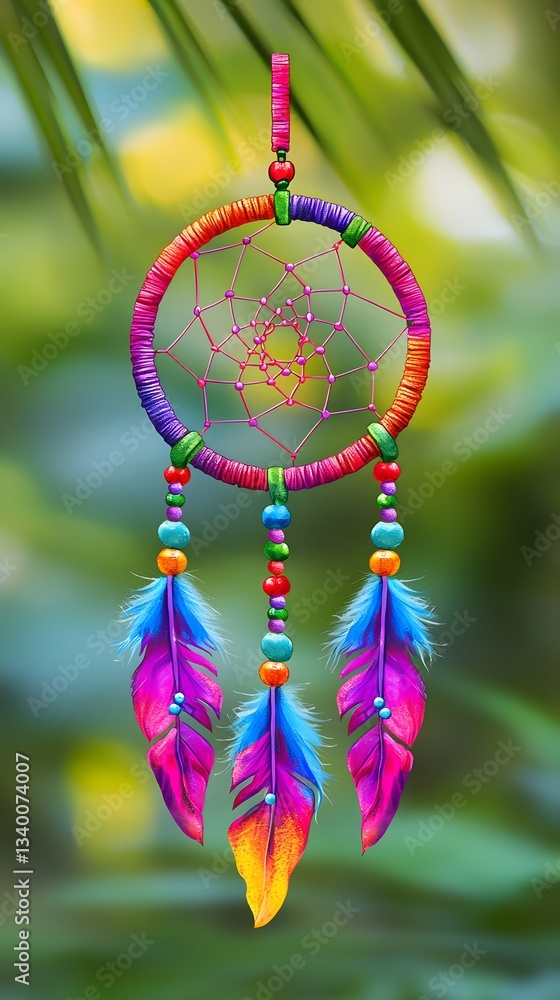 Aufkleber close-up of a colorful dream catcher with beautiful beads and soft feathers creating a captivating v