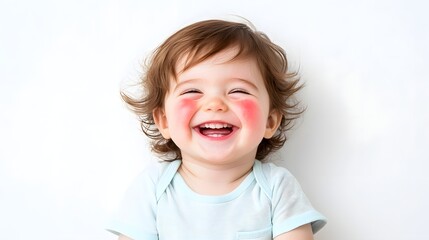 Close up portrait of a cheerful laughing child with rosy glowing cheeks set against a clean bright white studio background