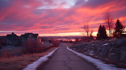Roadway with a breathtaking sunset in the background captured in a time-lapse image showcasing climatic cycles and seasonal changes.