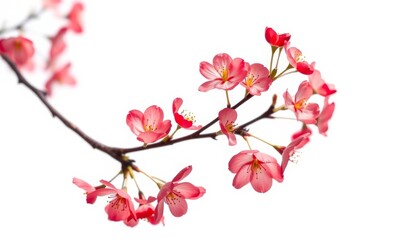 Naklejka premium A delicate branch of vibrant red plum blossoms, isolated against a pure white background, symbolizing spring's arrival, springtime, beautiful