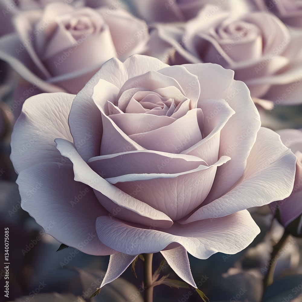 Poster close-up of an elegant rose displaying intricate petals in a beautiful garden setting with lush gree