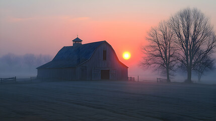 Fototapeta premium A foggy morning in a quiet countryside, with a barn silhouetted against the soft glow of sunrise
