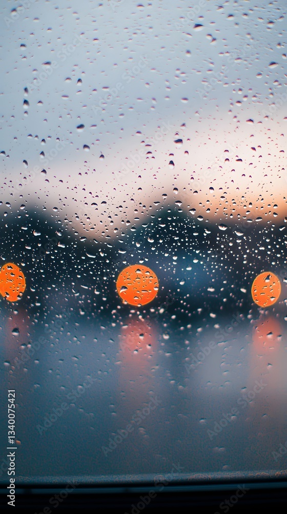 Poster close-up of raindrops splattering on a window during a heavy rainstorm creating beautiful patterns a