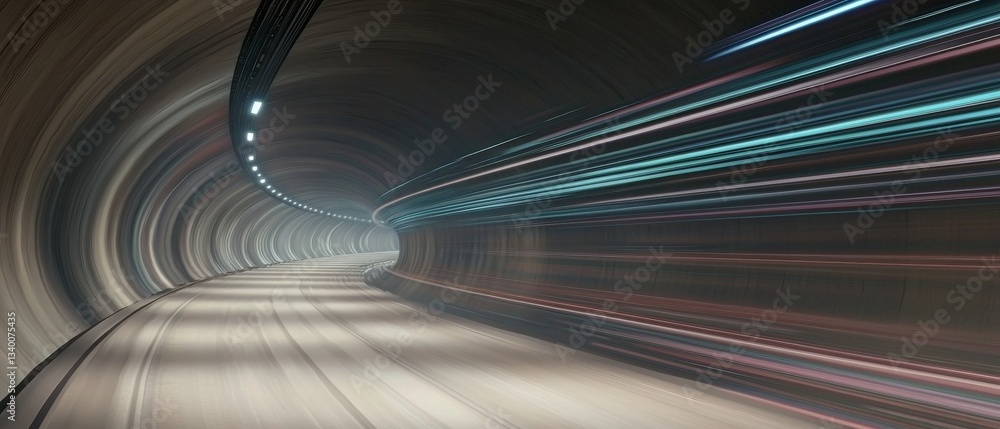 Poster a futuristic tunnel with blurred lights, creating a sense of speed and motion as it curves into the 