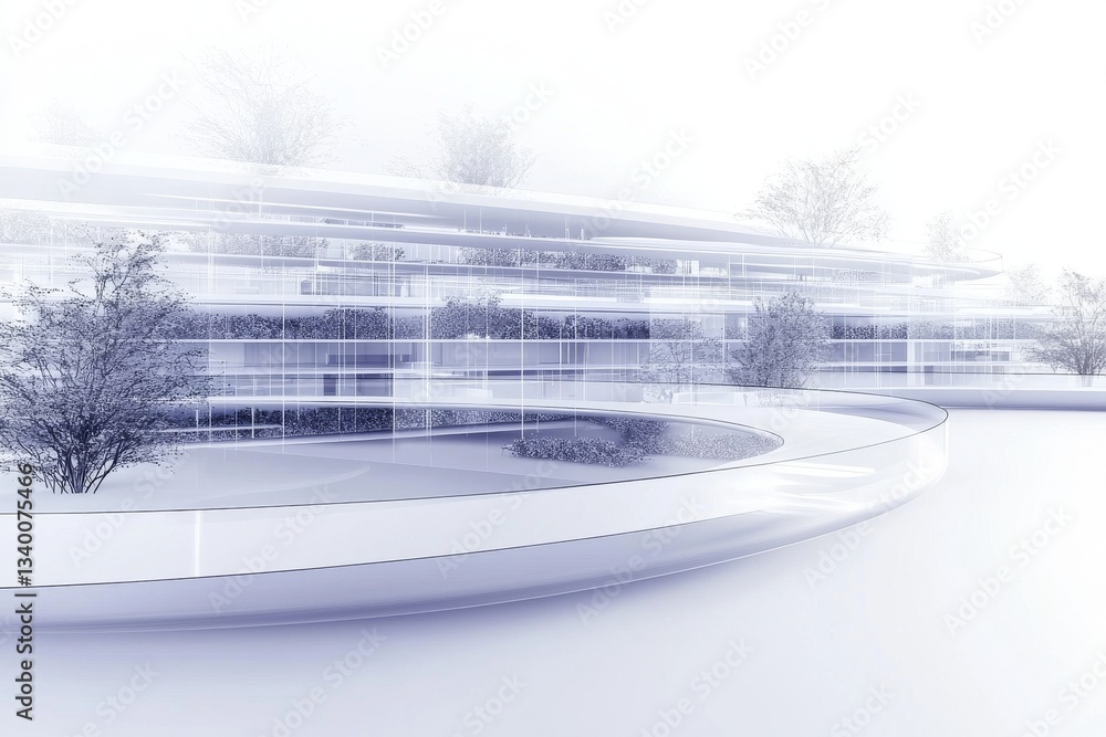 Poster a futuristic architectural design featuring a smooth, flowing structure with greenery, blending seam