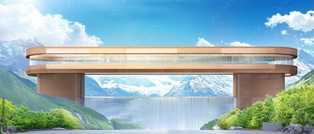 Poster a modern architectural design features a sleek structure above a waterfall with a stunning mountain 