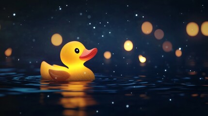 Glowing rubber duck in water with bokeh lights at night. Childhood memories concept