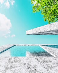 A modern, minimalist swimming pool with a clear blue sky and bright green foliage, creating a serene and inviting atmosphere.