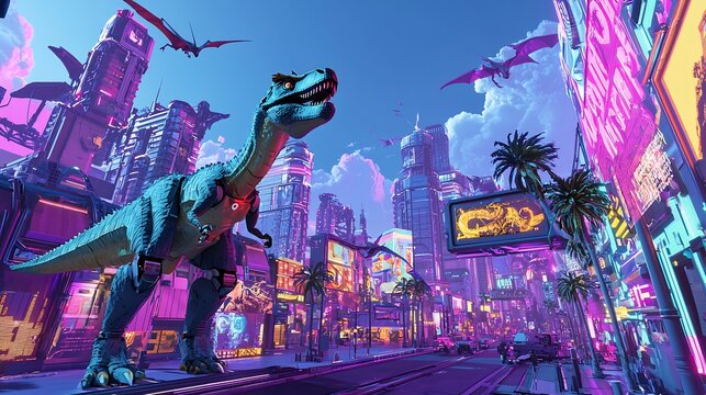 Futuristic world where robots and dinosaurs coexist in a vibrant neon city