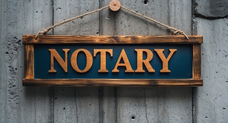 Obraz premium notary lettering on wooden sign board hanging on concrete wall background