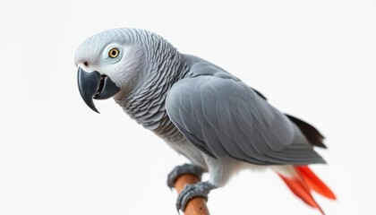 Fototapeta premium A gray Jaco parrot perched on a plain white background, parrot stock photo, studio shot