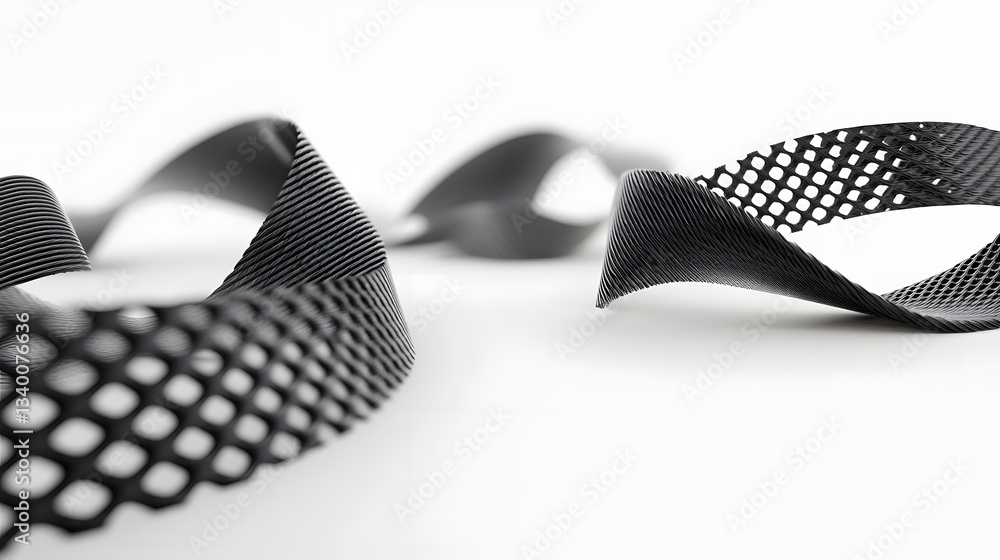 Poster close up view of a twisting and interweaving black carbon fiber mesh creating abstract organic shape