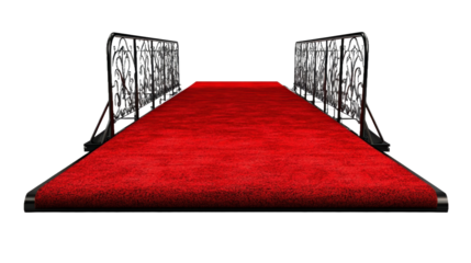 A red carpet with black metal posts and chains