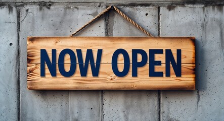 Fototapeta premium now open lettering on wooden sign board hanging on concrete wall background