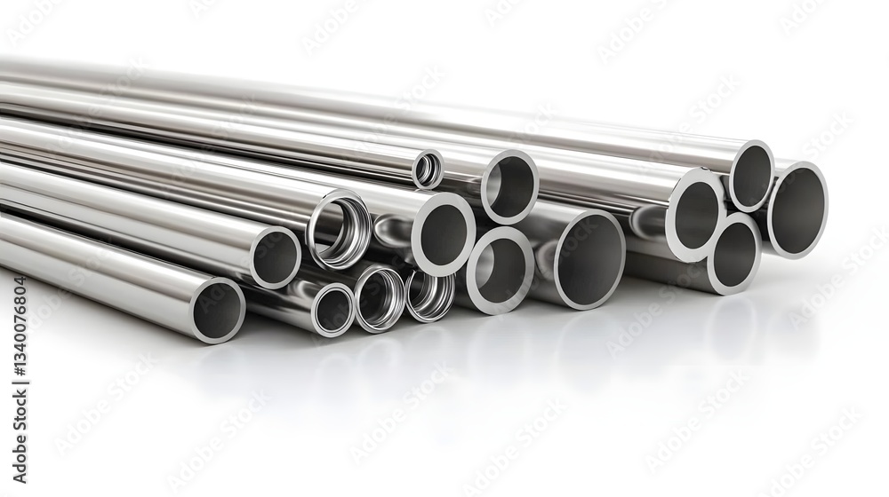 Poster Close up view of several parallel rows of cylindrical welded metal pipes or tubes arranged neatly against a clean white background
