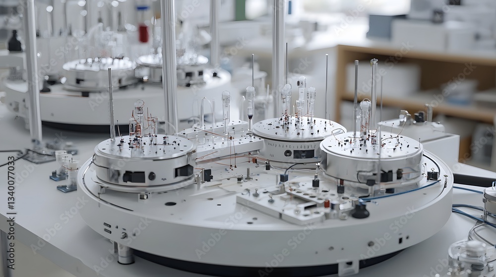 Poster Close up view of various scientific instruments displaying complex and intriguing patterns on a pristine white background suggesting advanced technology and ongoing research or experimentation
