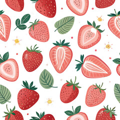 Seamless Abstract Summer Strawberry Pattern with Whole and Half Fruits on white background