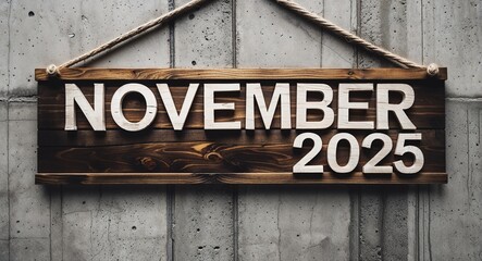 november 2025 lettering on wooden sign board hanging on concrete wall background