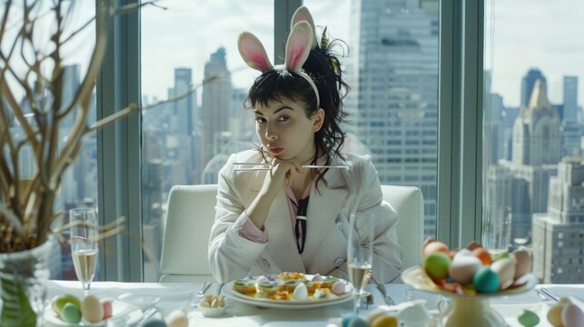 A businesswoman enjoying an Easter-themed lunch with colleagues in a high-rise office setting