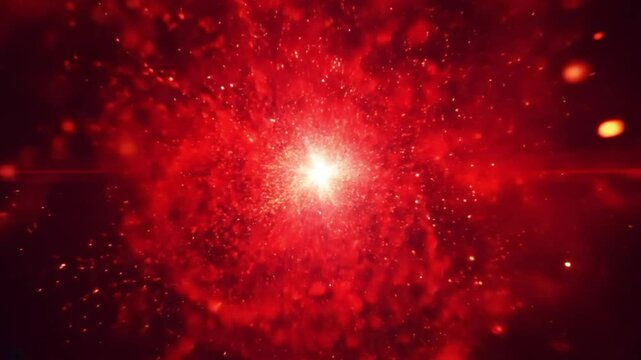 A vivid red explosion of light and particles radiates outward in a cosmic setting, resembling a supernova or energy burst in space.