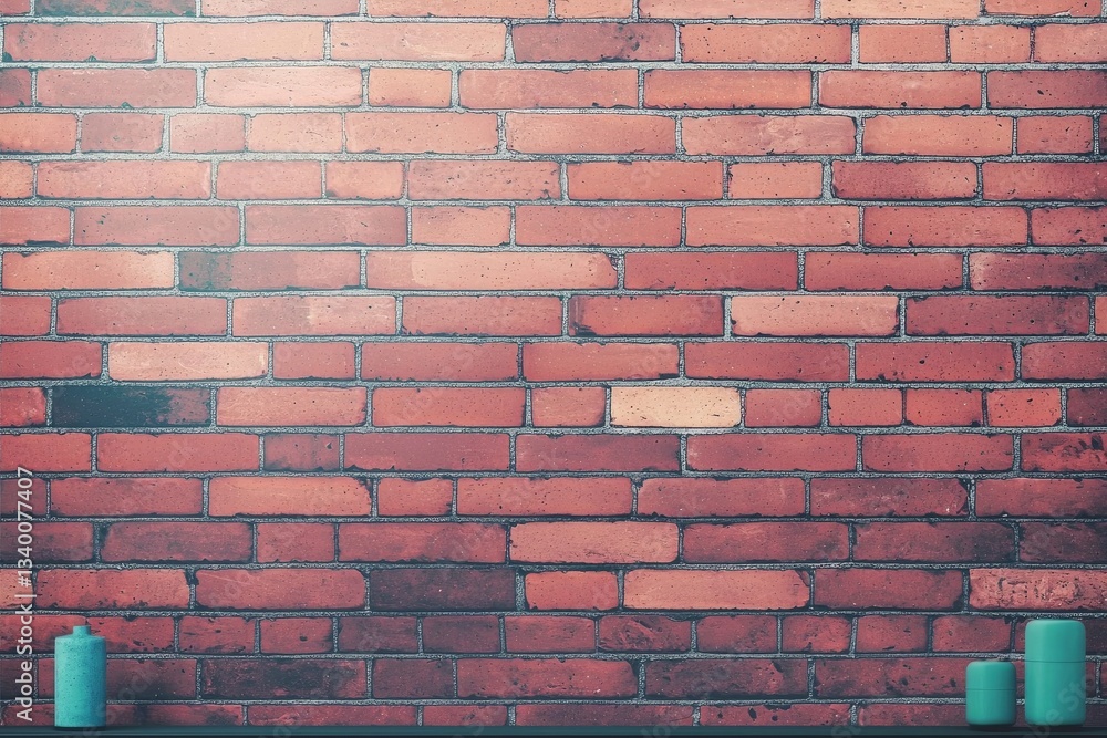 Poster a textured red brick wall with three colorful candles placed on a shelf, creating a warm and invitin