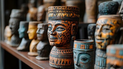 Intricate Mayan-style statues displayed on a shelf, showcasing rich cultural heritage. Ancient Oil related cultural artifacts.