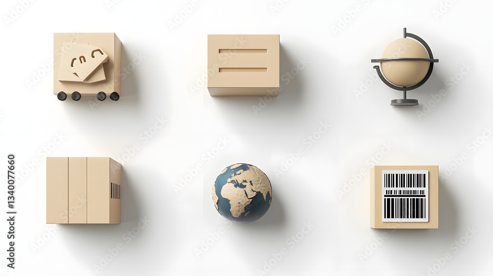 Poster collection of logistics related icons and symbols including a shipping box globe representing the wo