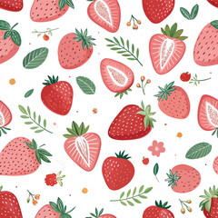 Seamless Abstract Summer Strawberry Pattern with Whole and Half Fruits on white background