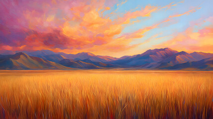 Obraz premium A golden field of tall grass swaying in the breeze, framed by distant mountains under a vibrant sky