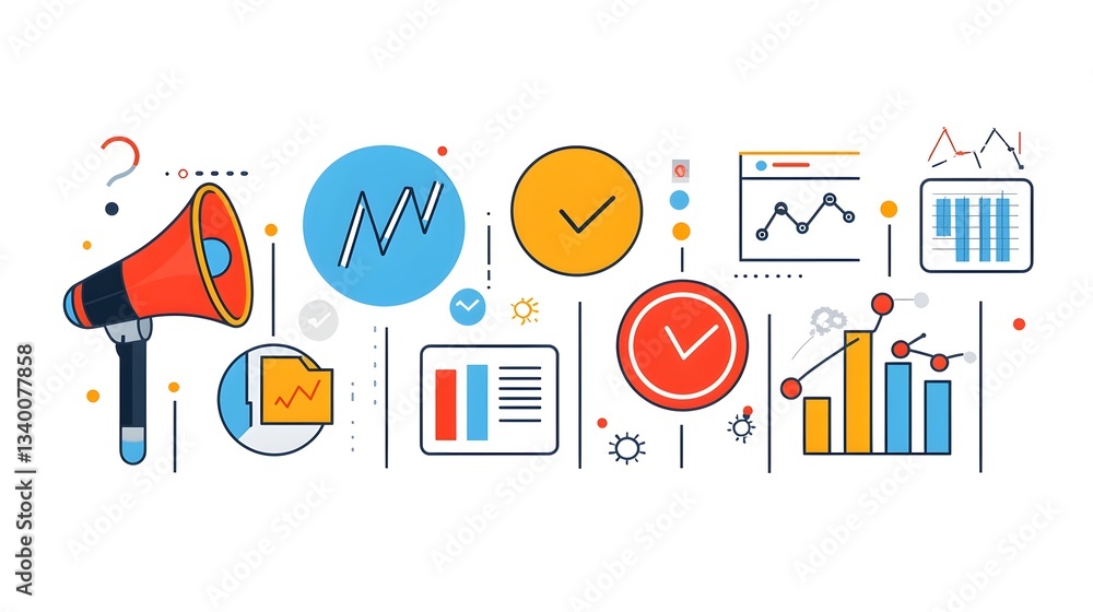 Poster colorful digital marketing icons including a megaphone chart and target laid out horizontally to sym